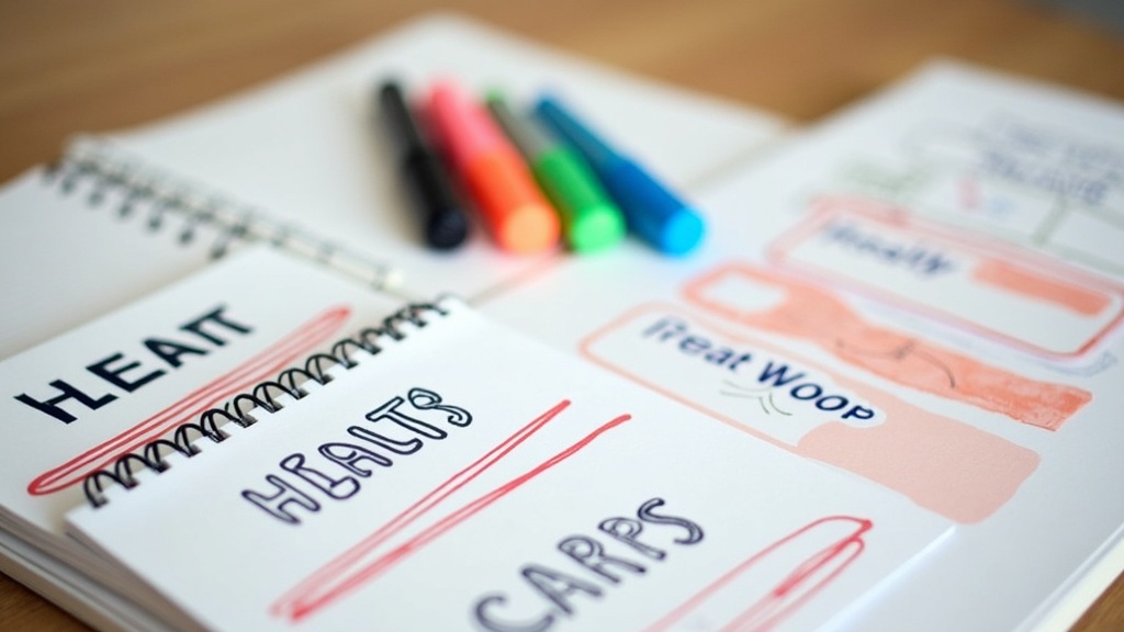 Books, notebooks, and cards for IELTS speaking practice on a study table. Organized materials focus on health and technology topics.